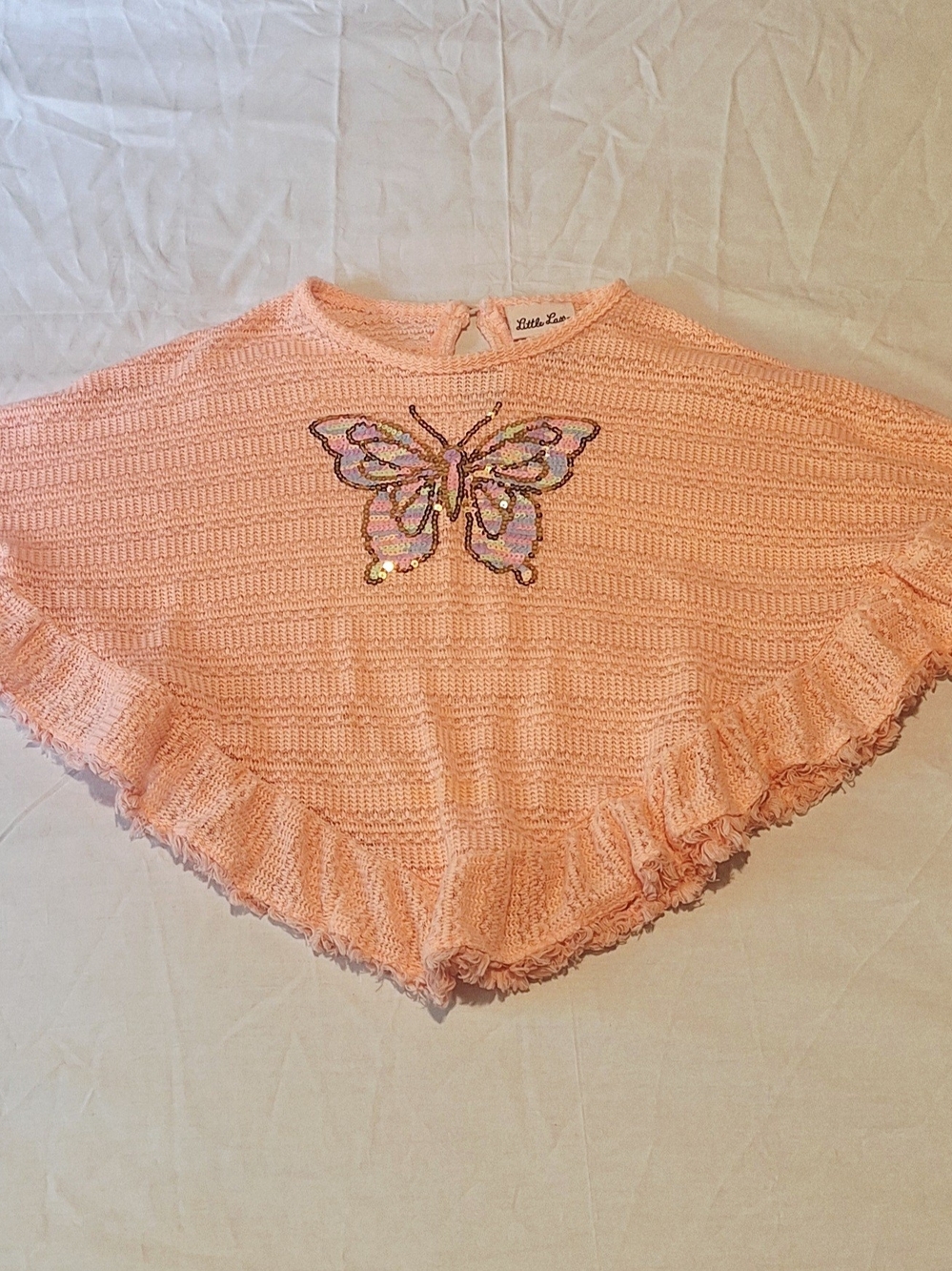 Little Lass Peach Sequin Butterfly Sweater Poncho